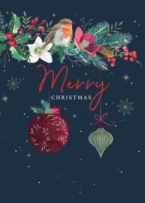 Illustrated Christmas Foliage And Robin Postcard