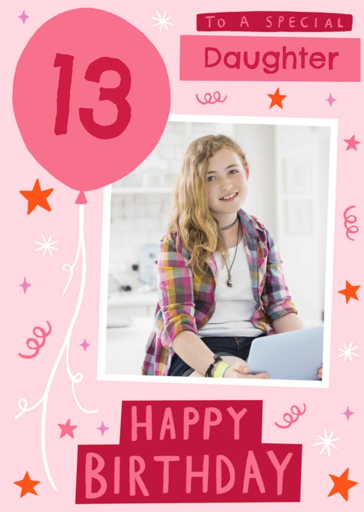 Stella Isaac Illustrations Special Daughter 13Th Birthday Photo Upload Card In Red And Pink