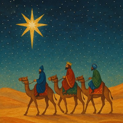 Three Wise Men Following Star Traditional Illustrated Christmas Card