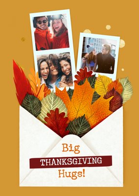 Big Thanksgiving Hugs Illustrated Leaves In Envelope Photo Upload Thanksgiving Card