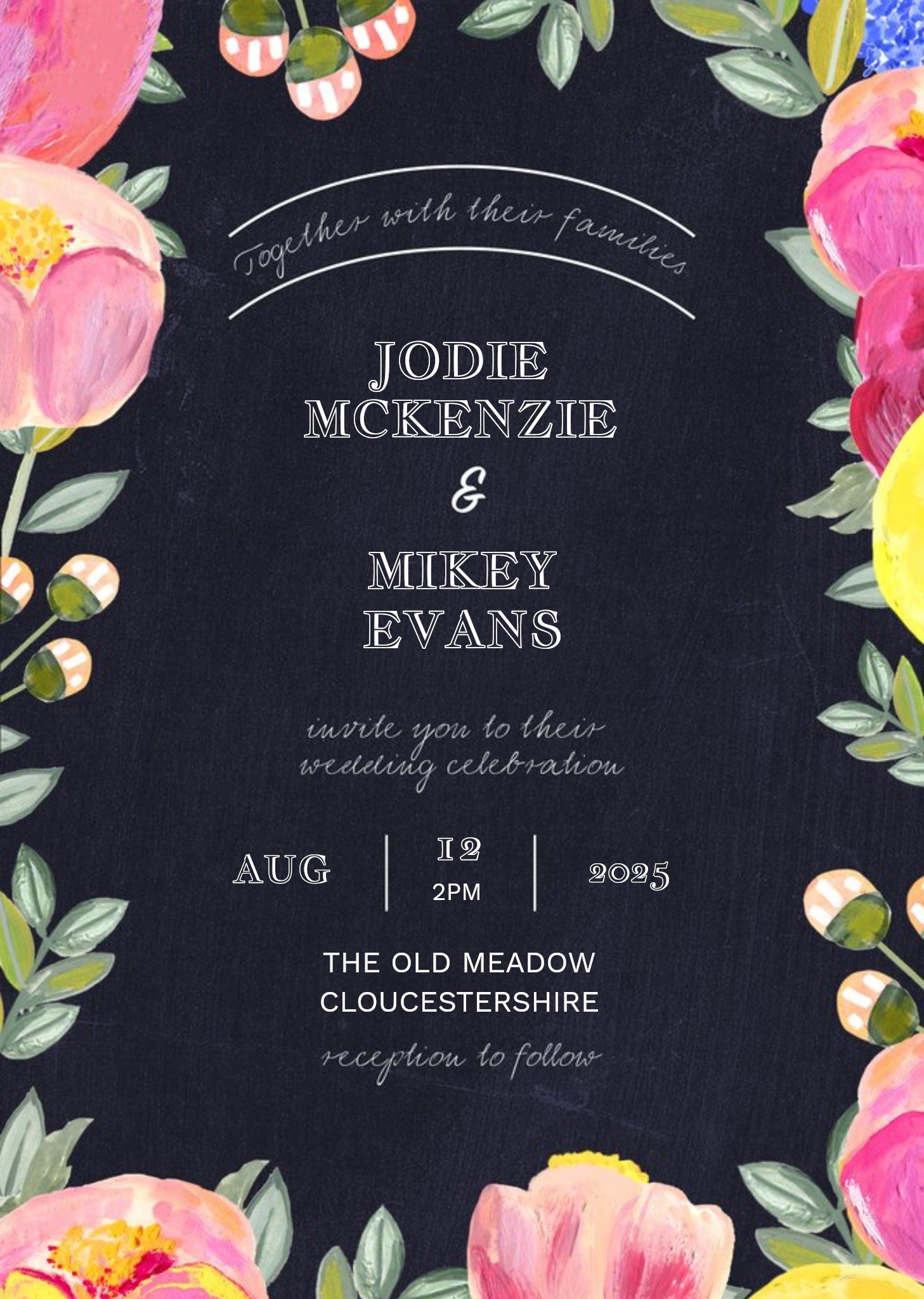 Moonpig Floral Border Black Background Personalised Wedding Invite Card
