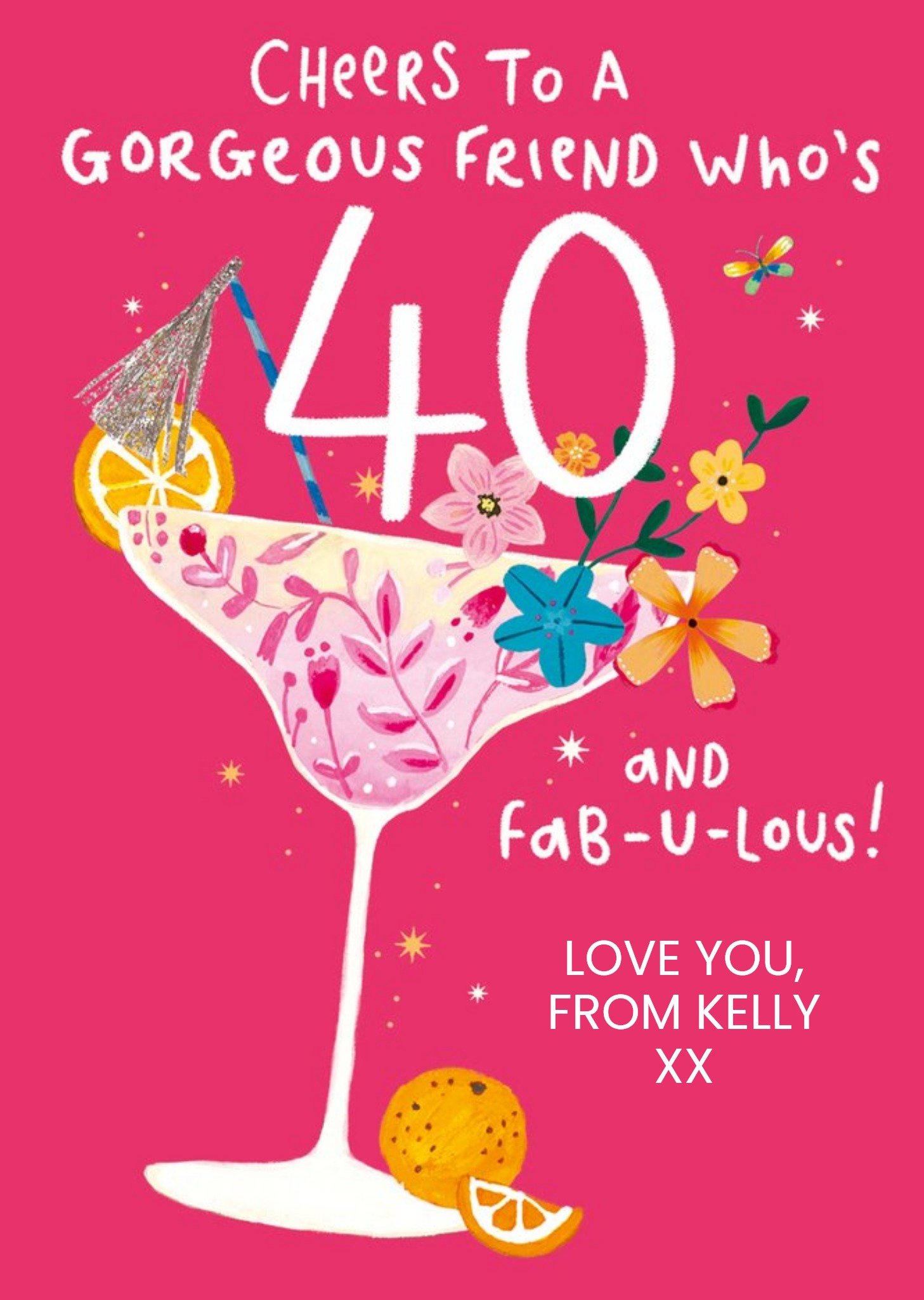 Moonpig Clintons Pink Illustrated Cocktail Glass Customisable 40th Birthday Card
