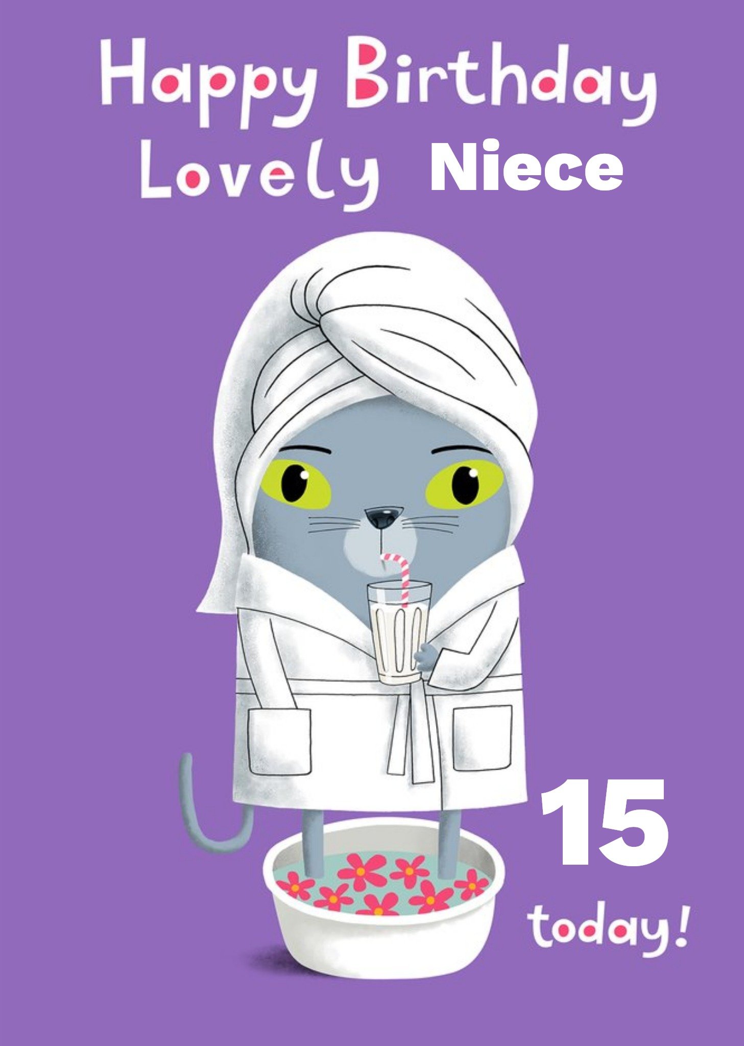 Moonpig Cat With A Glass Of Milk And Foot Spa Illustration Personalise Age Niece Birthday Card