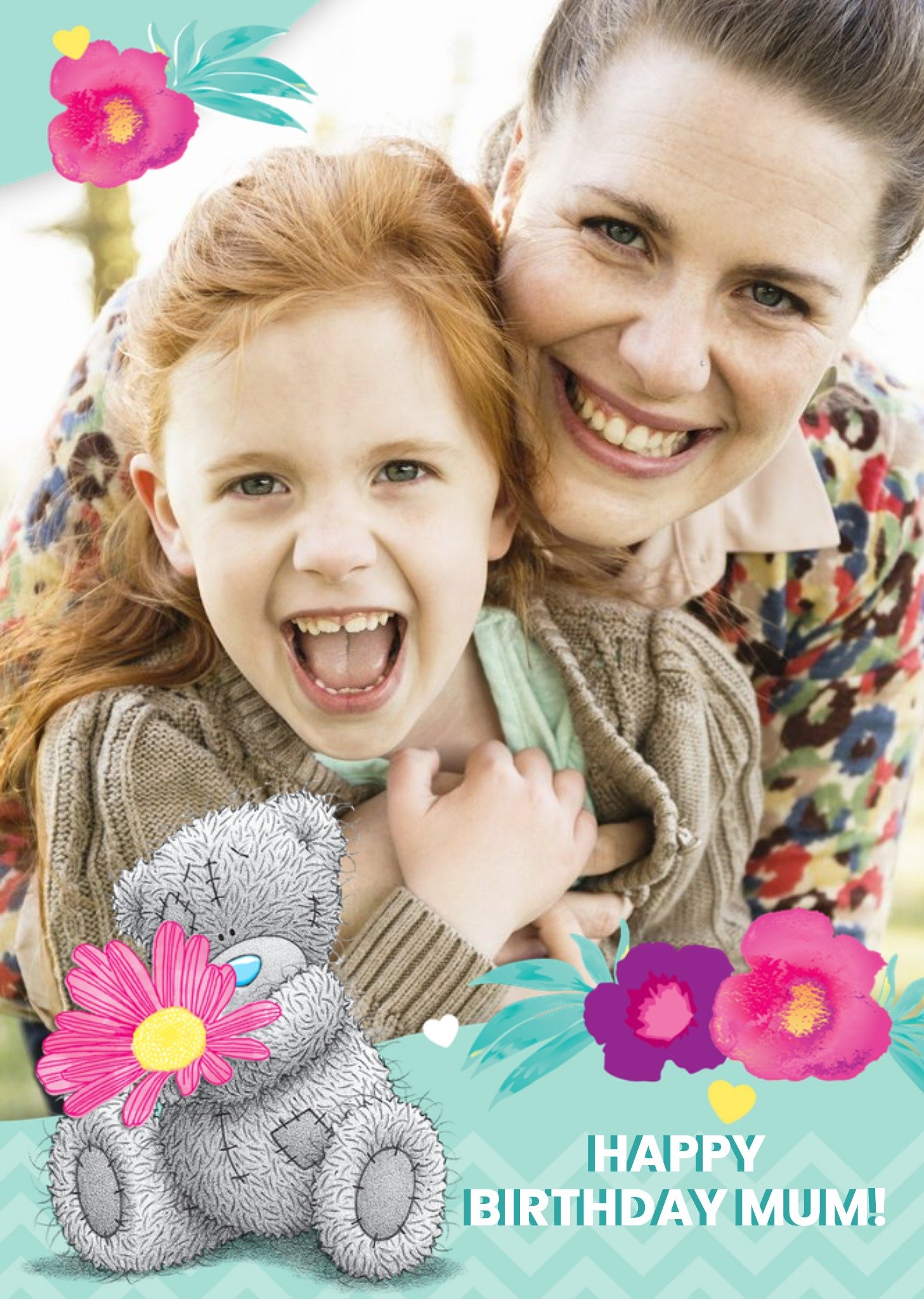 Tiny Tatty Teddy Tatty Teddy Flowers Border Personalised Photo Upload Birthday Card For Mum