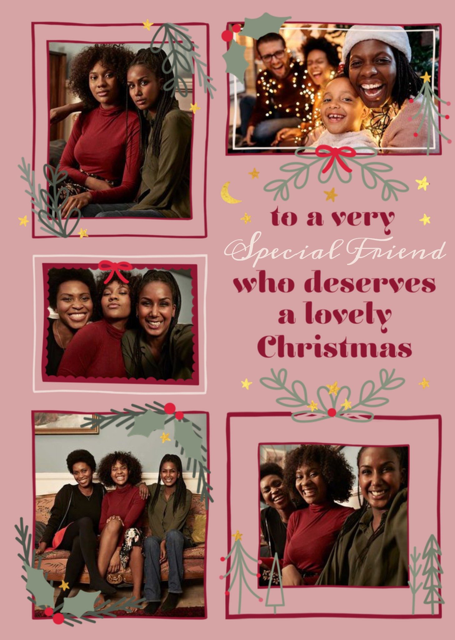 Moonpig Five Decorated Photo Frames On A Pink Background Photo Upload Christmas Card