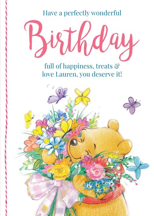 Birthday card - Winnie the Pooh with a bouquet of flowers