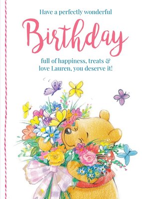 Birthday card - Winnie the Pooh with a bouquet of flowers