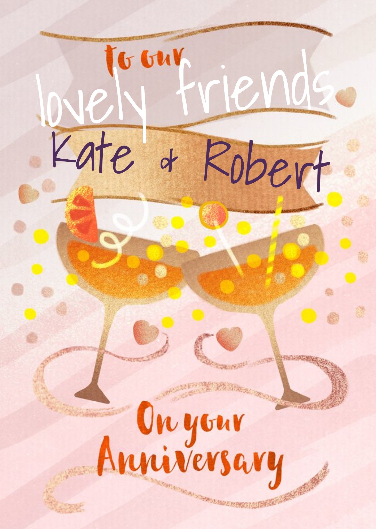 Moonpig Illustration Of Cocktails With Banners On A Pink Striped Background On Your Anniversary Card