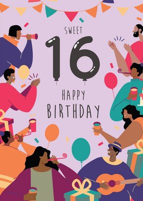 Anoela Purple Party Illustration Sweet 16 Happy Birthday Card