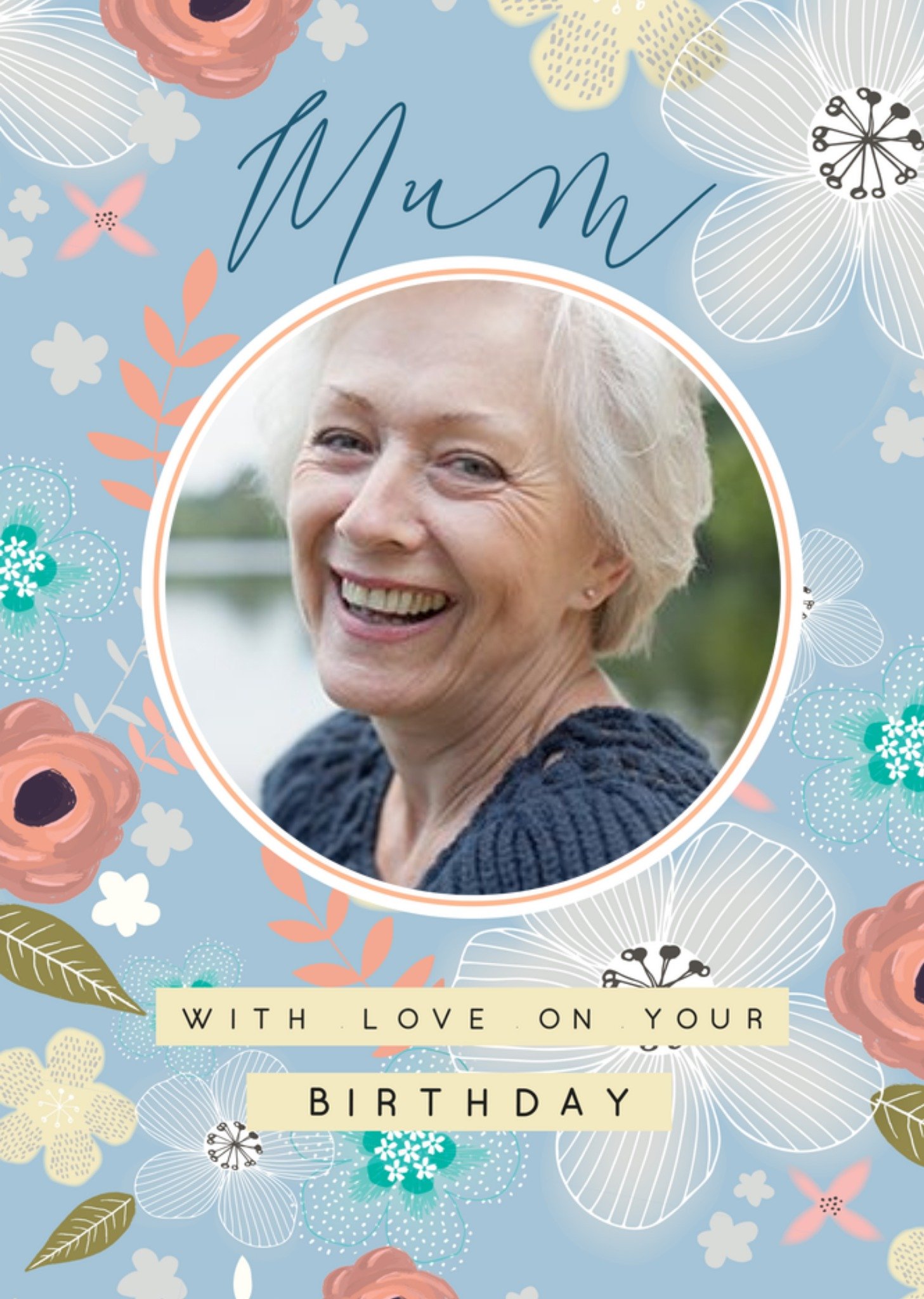 Moonpig Laura Darrington Modern Blue Floral Birthday Mum Photo Upload Card