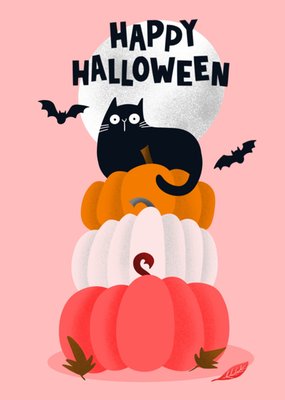 Cute Black Cat And Pumpkin Stack Halloween Card