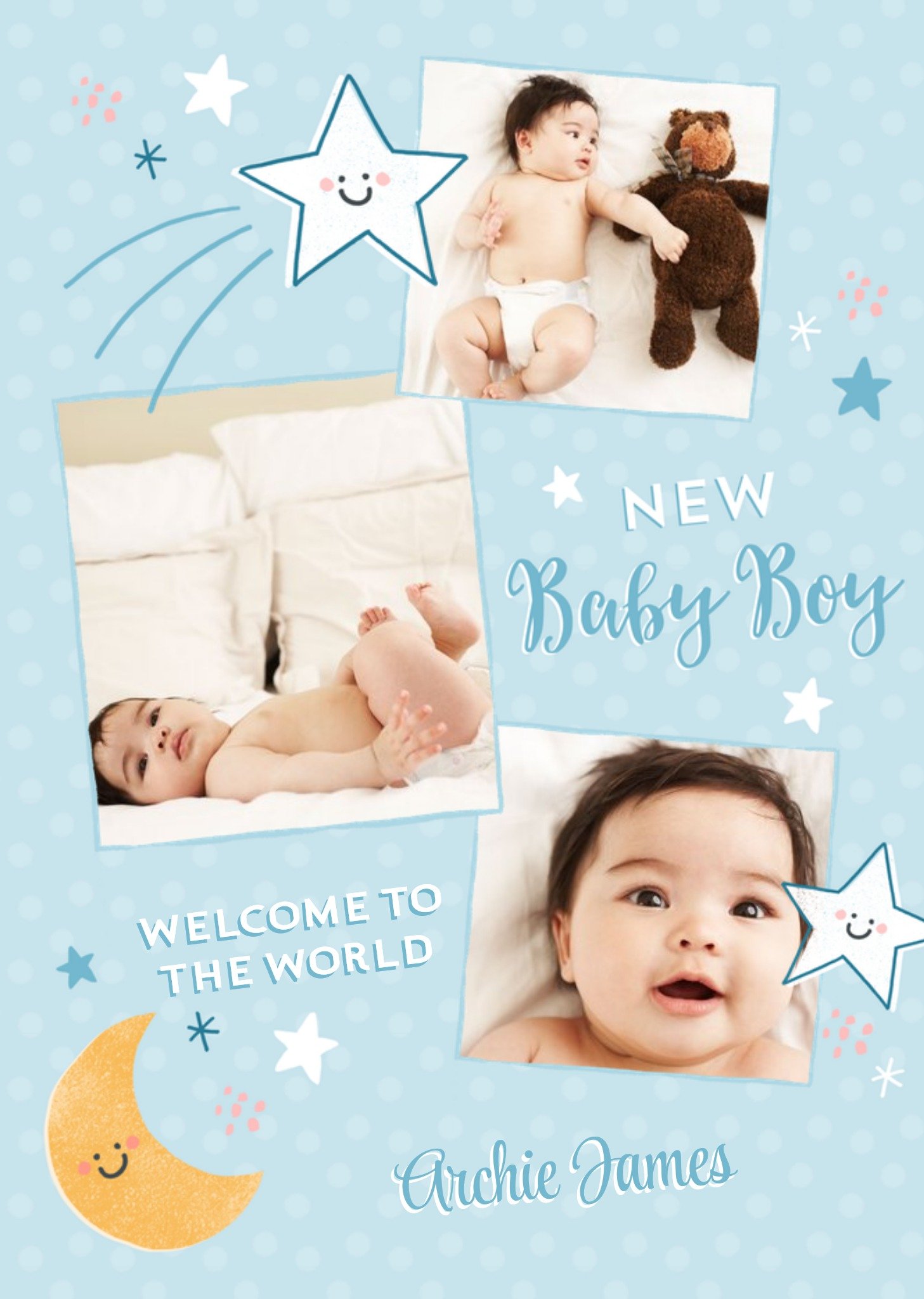 Moonpig Blue Stars And Moon New Baby Boy Photo Upload Card