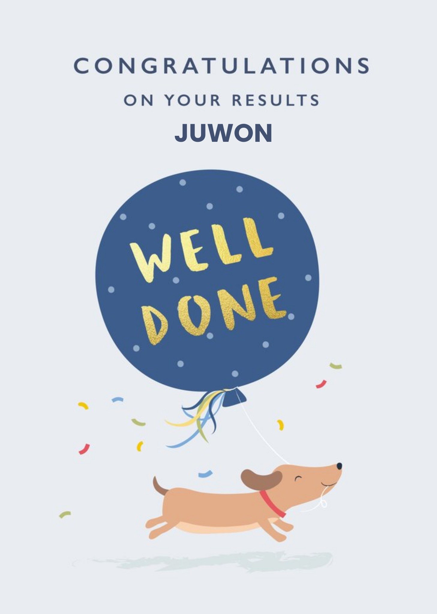 Moonpig Cute Illustrated Running Dog Blue Balloon Well Done Exams Card