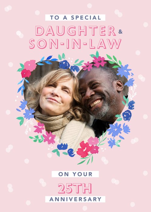 Floral Heart Daughter And Son-In Law Photo Upload Anniversary Card