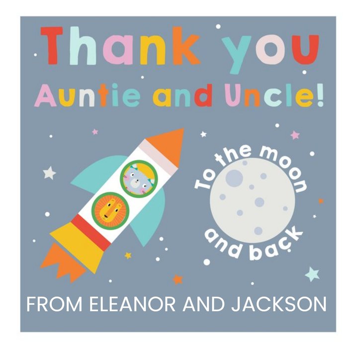 Lemon Ribbon Kids Cat Moon Rocket Illustrated Thank You Card