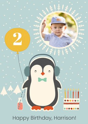 Cartoon Penguin Happy Birthday Photo Card