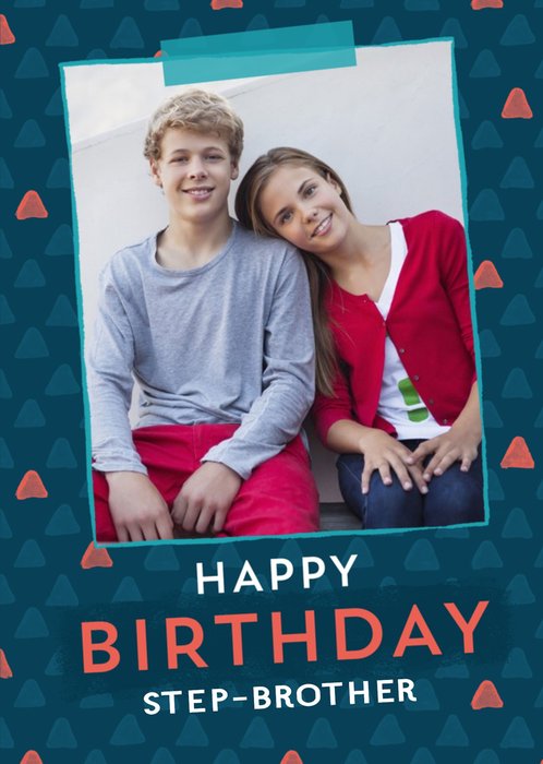 Blue Patterened Editabe Age Photo Upload Step-Brother Birthday Card