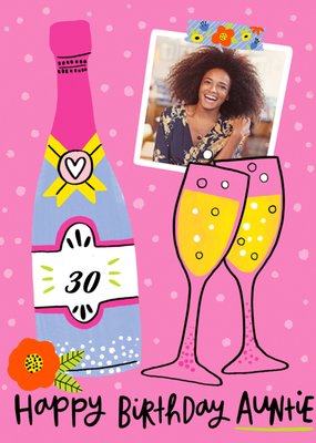 Illustration Of A Bottle Of Wine And Two Glasses On A Pink Background Auntie's Birthday Card