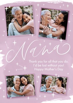Four Photo Frames With White Calligraphy On A Starry Background Nana's Photo Upload Mother's Day Card