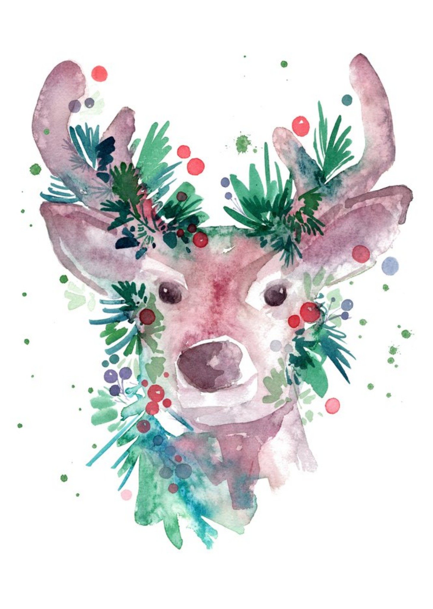 Moonpig Beautiful Reindeer With Holly Watercolour Illustration Christmas Card