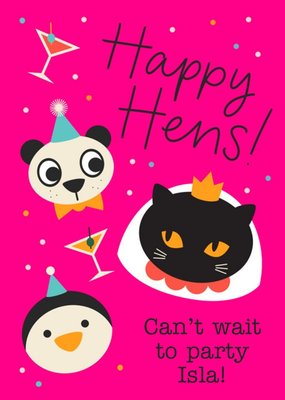 Illustration Of A Cat A Penguin And A Panda On A Vibrant Pink Background Hen Party Card