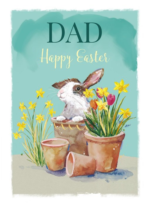 Ling Design Dad Happy Easter Watercolour Rabbit And Plant Pots Easter Card