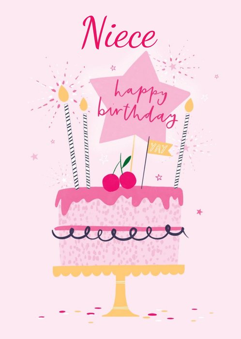 Cute Pink Illustrated Cake Niece Birthday Card