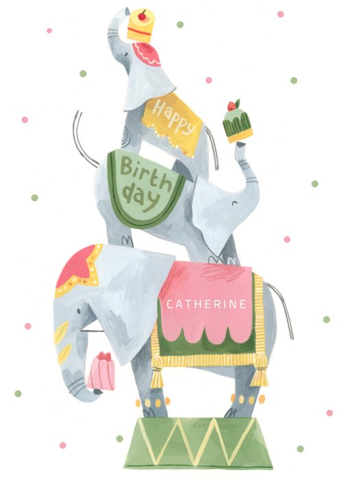 Adorable Hand Painted Illustrated Balancing Circus Elephants With Cakes Happy Birthday Card