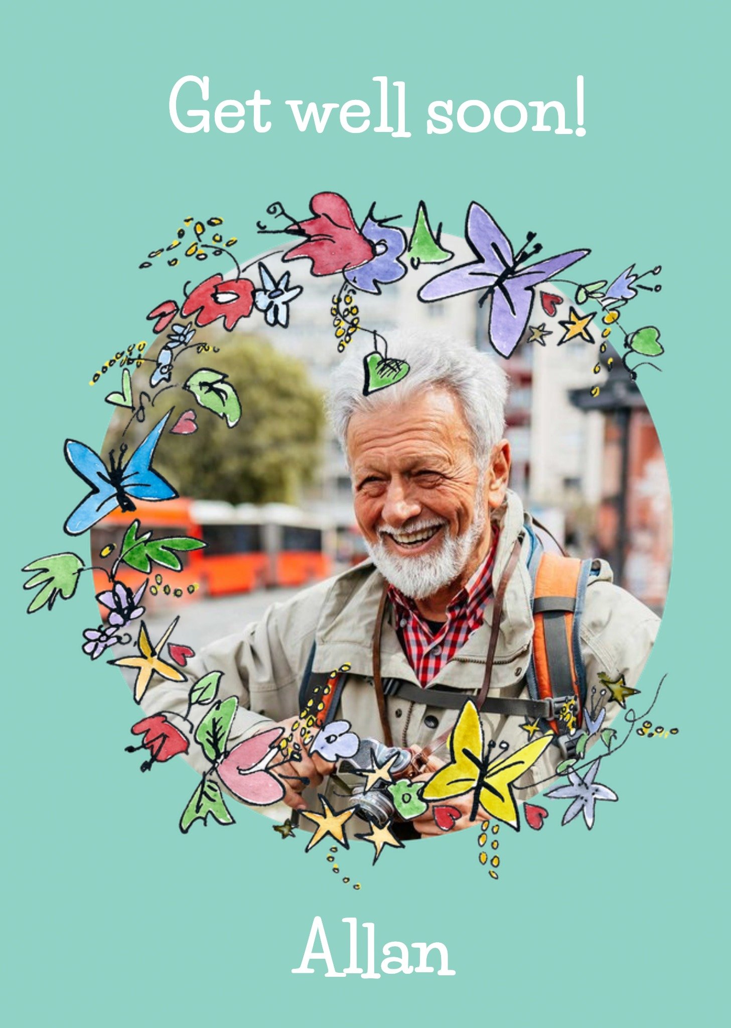 Moonpig Illustration Of Flowers And Butterflies Get Well Soon Photo Upload Card