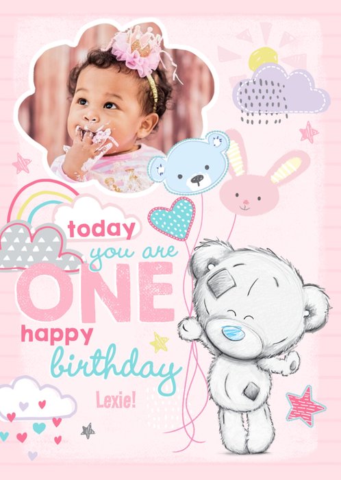 Me To You Tatty Teddy 1St Birthday Pink Photo Upload Card