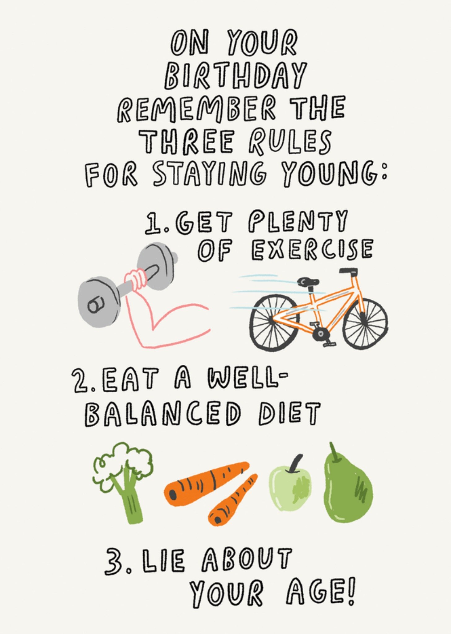 Moonpig Three Rules For Staying Young Illustrated Birthday Card