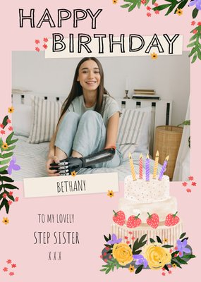 Cake Illustration Photo Upload Step Sister Birthday Card