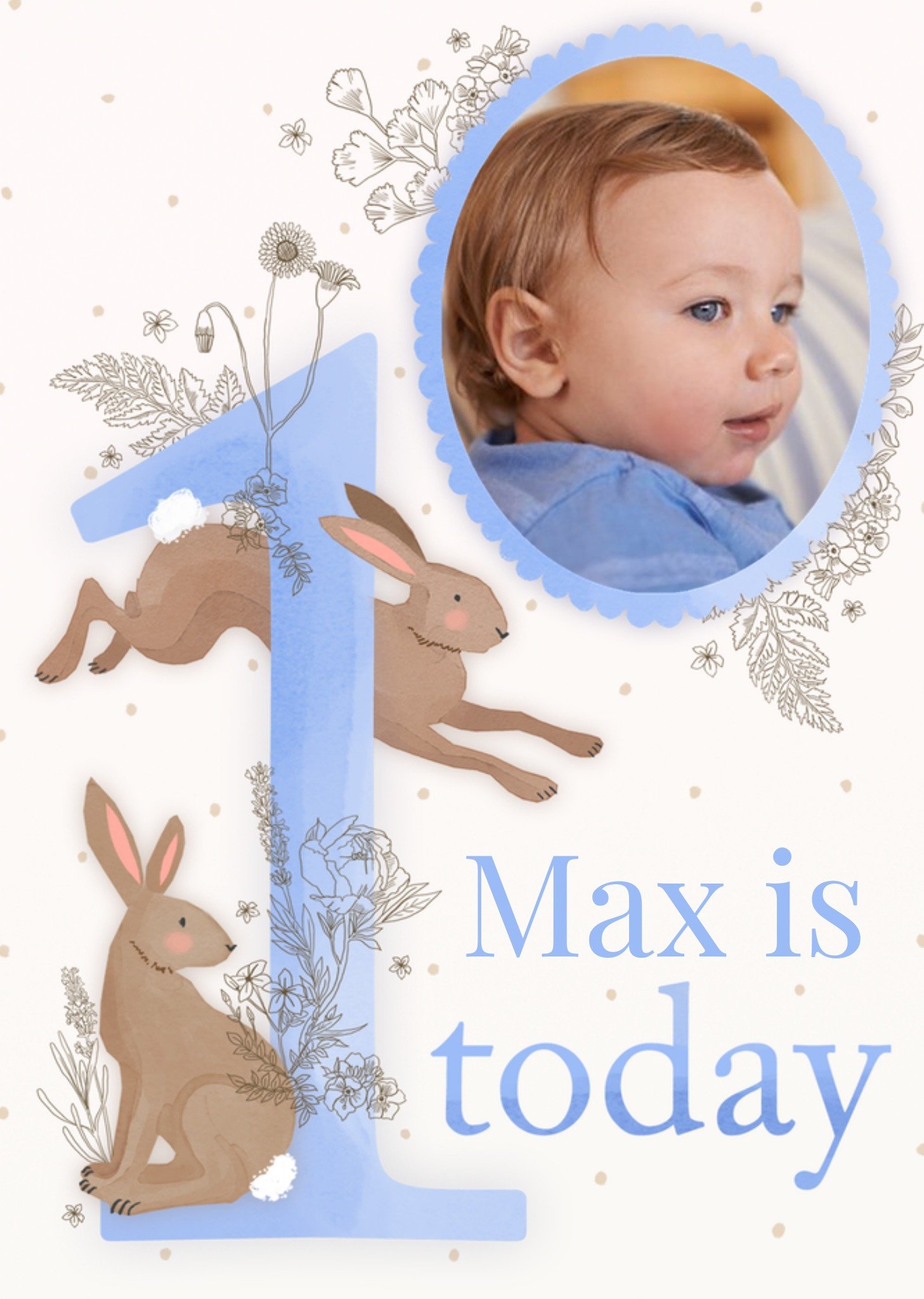Making Meadows Illustrated Blue Photo Upload Floral Rabbit 1st Birthday Card