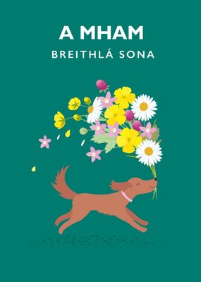 Cute Illustrated Irish Sausage Dog with Bouquet Birthday Card