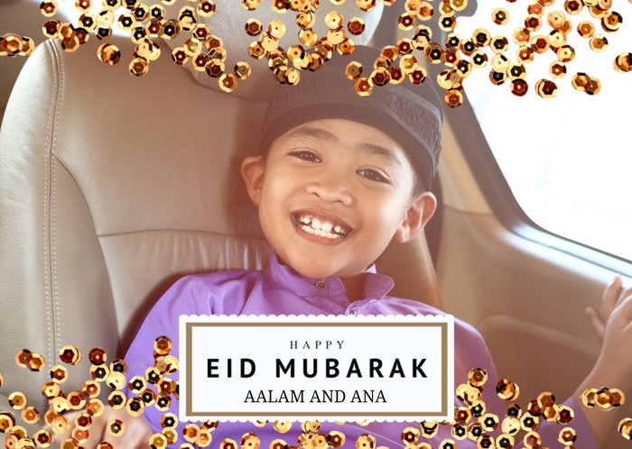 Gold Sequins Happy Eid Mubarak Photo Upload Card