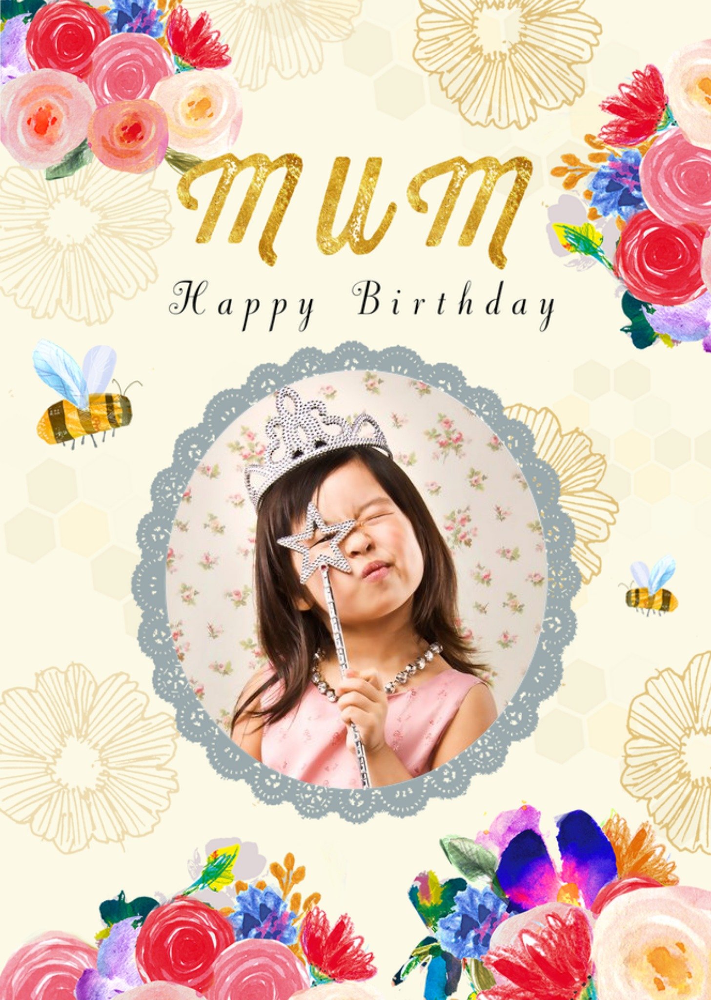 Moonpig Bees And Flowers Personalised Photo Upload Birthday Card For Mum