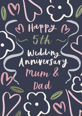 Heart & Floral Pattern 5 Year Anniversary Card for Mum & Dad