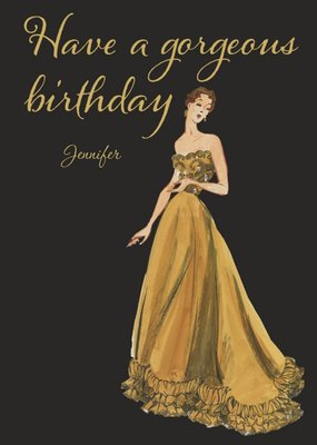 V And A Vintage Fashion Illustration Gorgeous Gold Birthday Card