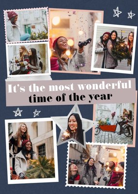 Modern Photo Upload Collage Most Wonderful Time of the Year Christmas Card