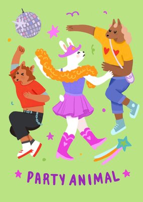 Joy And Justin Party Animal Moment Illustrated Rabbit Bear And Dog Birthday Card