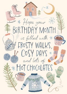 Warmhearted Frosty Walks Cosy Days Hot Chocolates Illustrated Winter Icons Birthday Card
