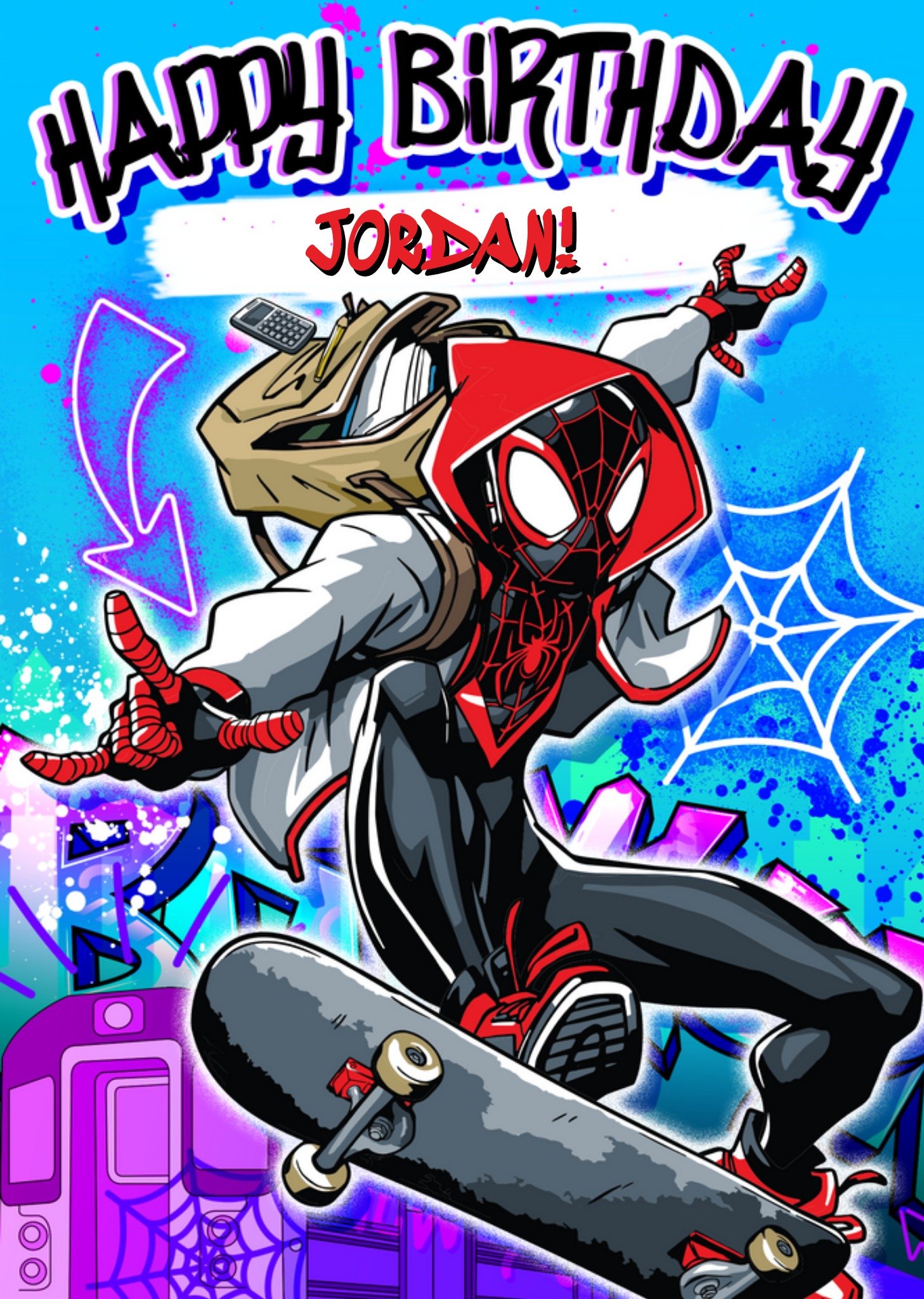 Marvel Spiderman Miles Morales Skateboarding Happy Birthday Card, Large