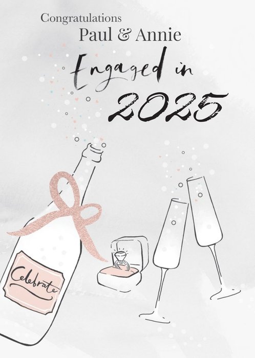 Illustration Of A Bottle Of Wine Glasses And An Engagement Ring Engagement Card