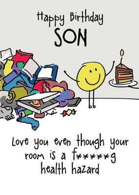 Illustration Of A Yellow Character In A Messy Room Funny Son's Birthday Card