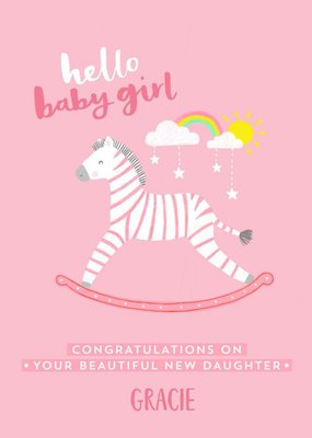 Bright Fun Illustration Of A Rocking Horse New Baby Girl Card