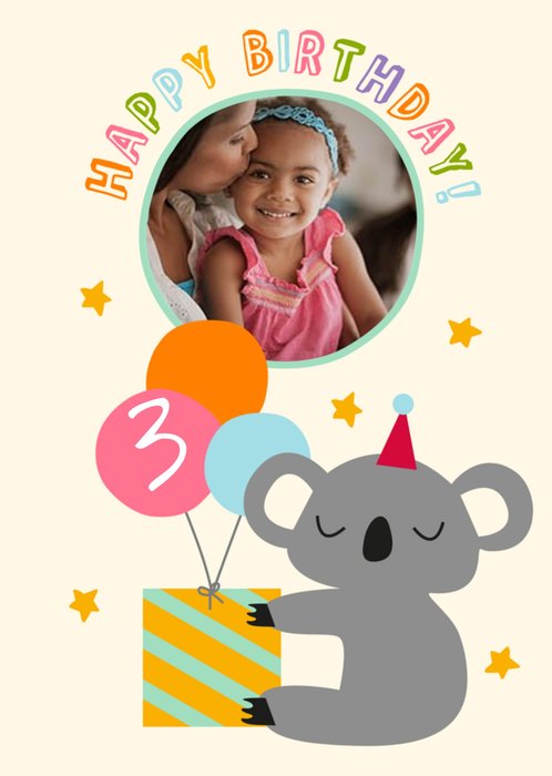 Rainbow Party Modern Photo Upload Koala 3rd Birthday Australia Card