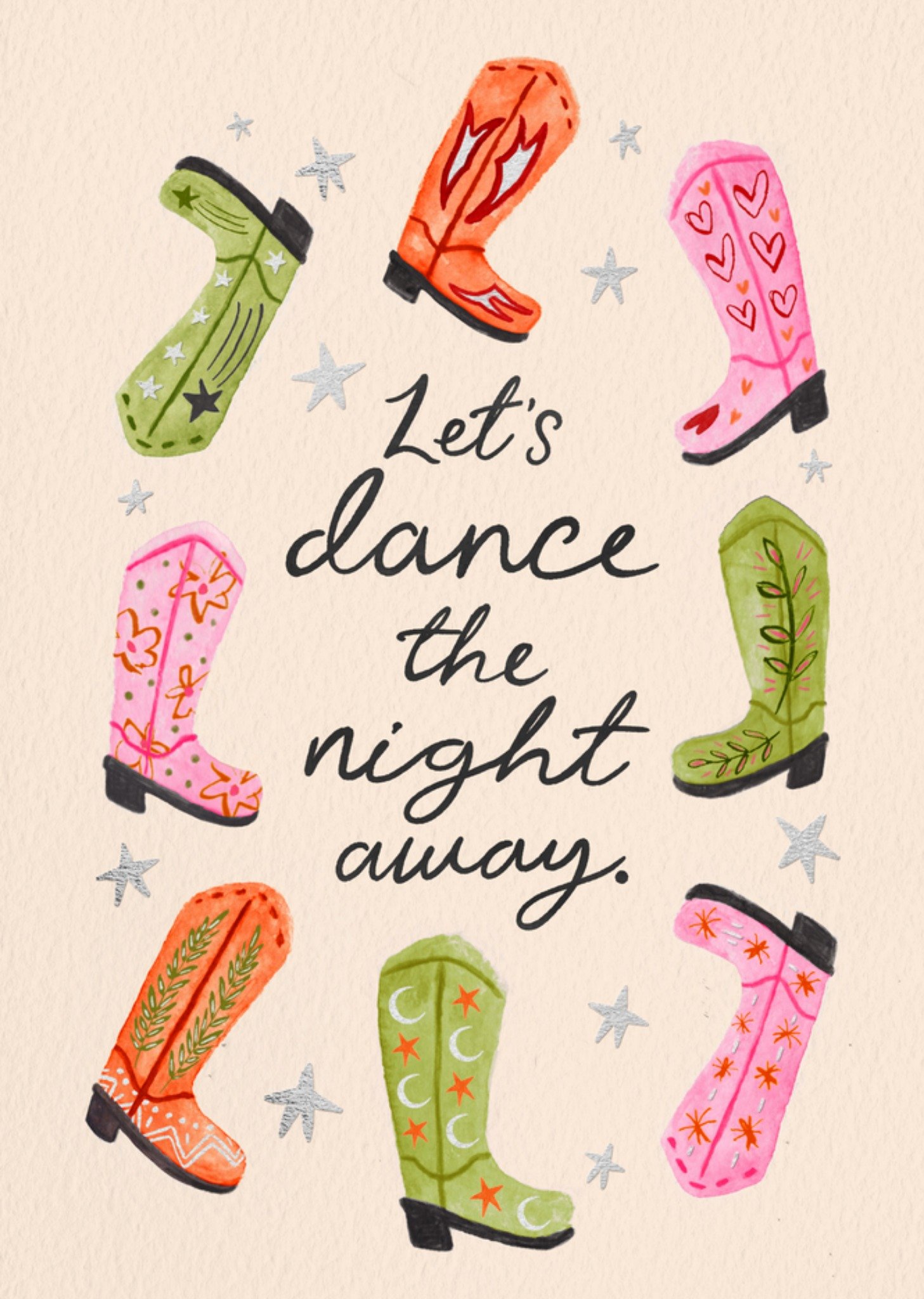 Moonpig Let's Dance The Night Away Illustrated Cowgirl Boots Birthday Card