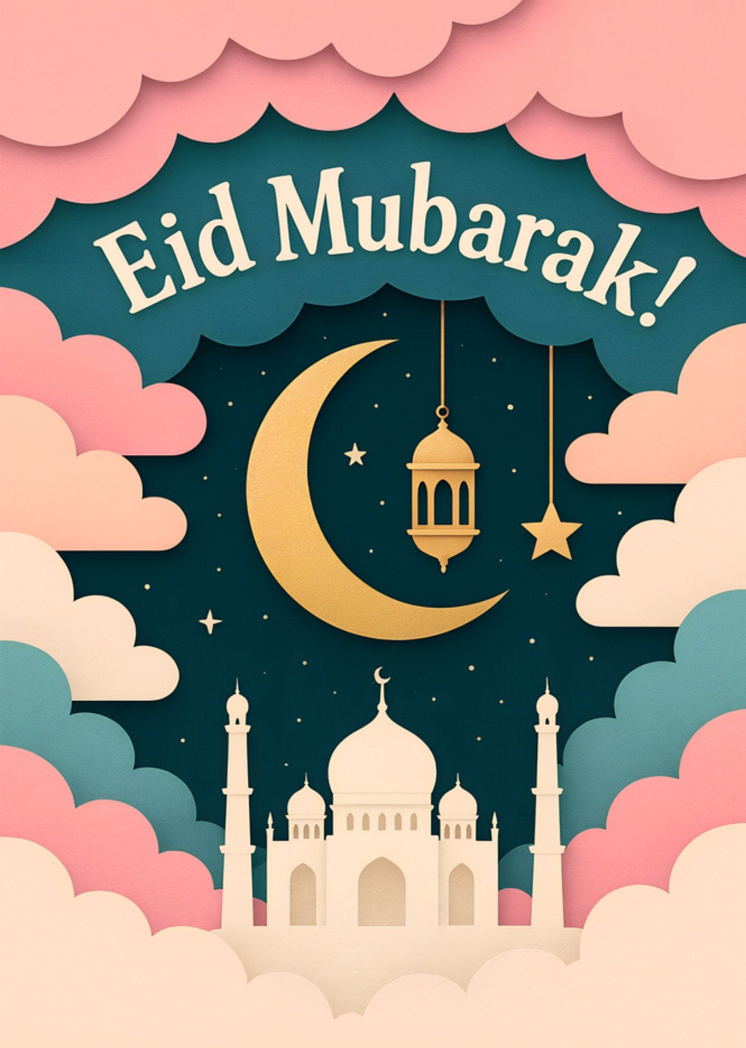 Moonpig Eid Mubarak Illustrated Pastel Mosque Scene Card
