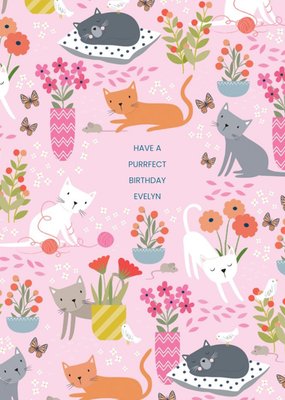 Floral Pink Cats Purrfect Birthday Card