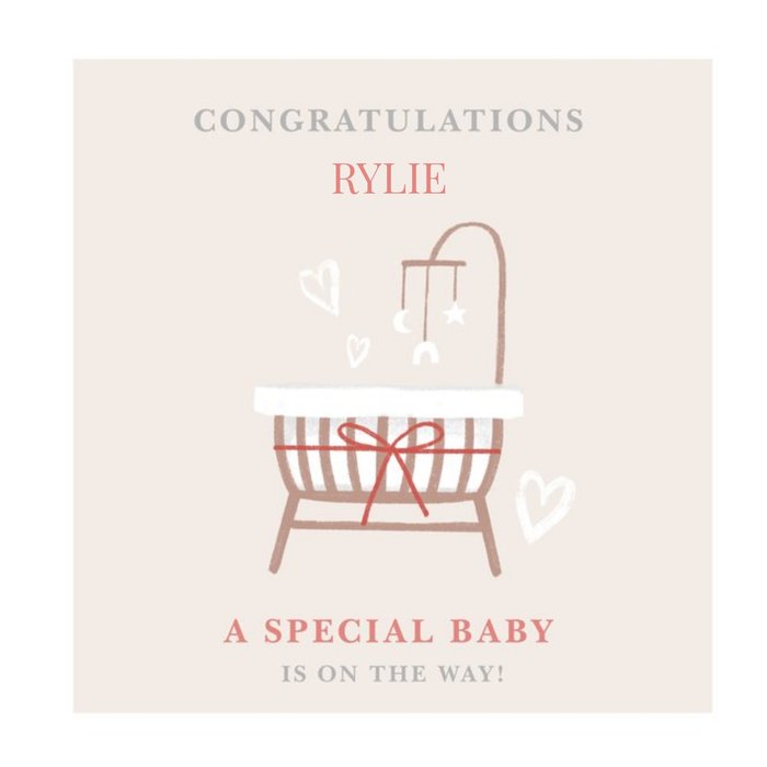 Illustration Of A baby Cot With A Baby Mobile Surrounded By Hearts New Baby Card